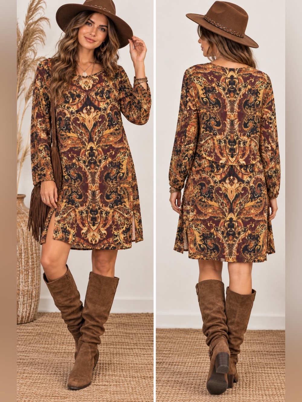 J. Jill Paisley Long-Sleeve Boho 70’s Artsy Fall Colors Tunic Dress Medium